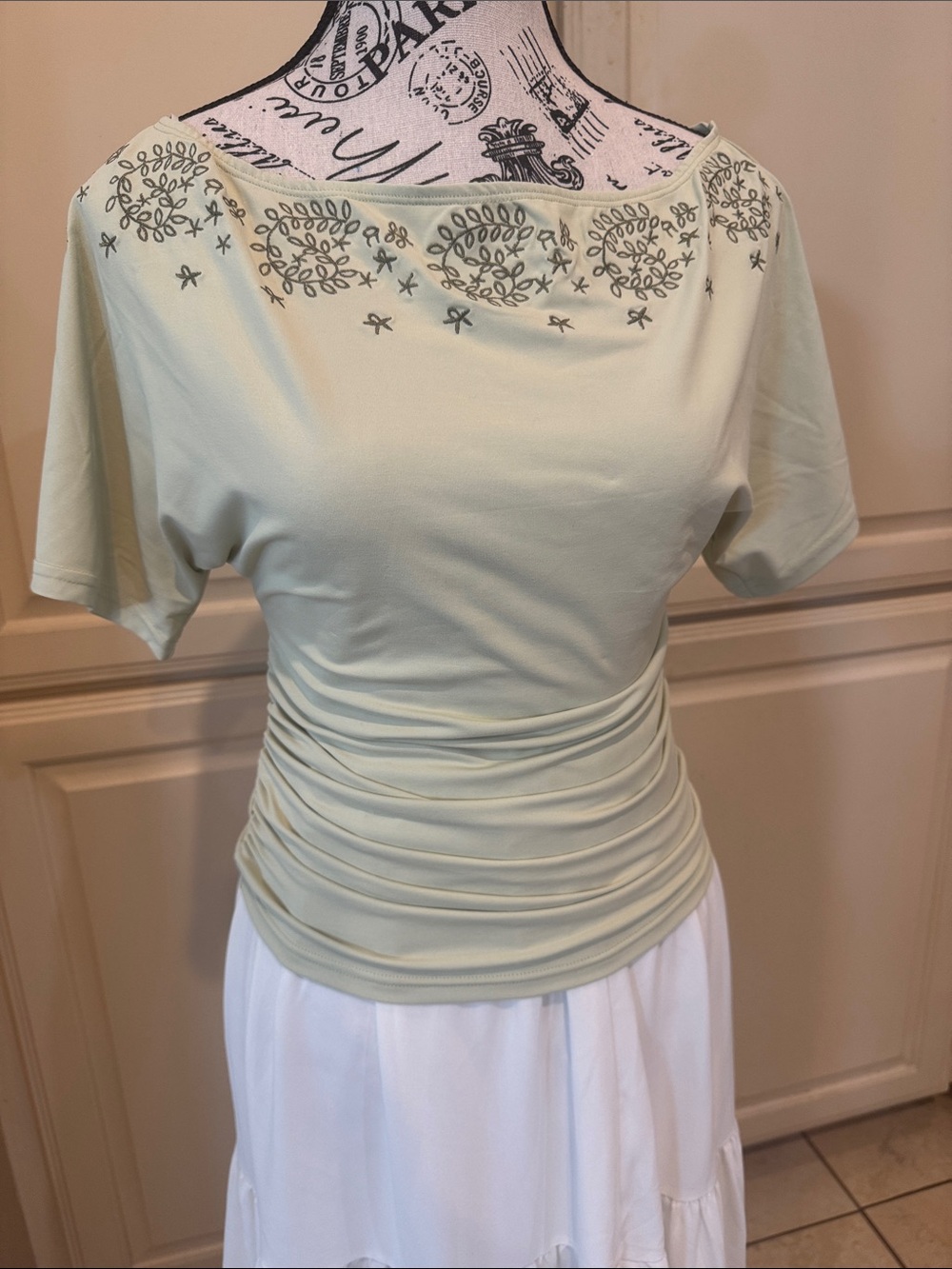 Cider Sage Green Short-Sleeve Ruched Embroidered Top